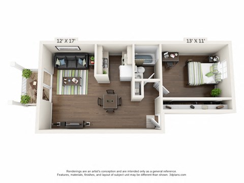 a bedroom with a bed and a chair in a small room